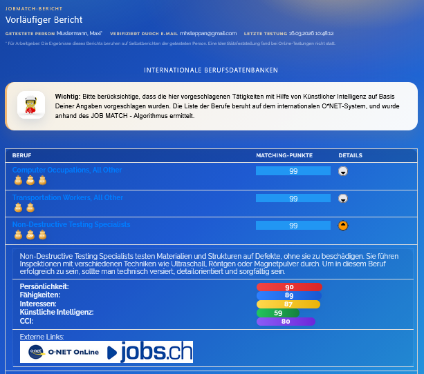 Screenshot der internationalen Berufsdatenbank nach Passung